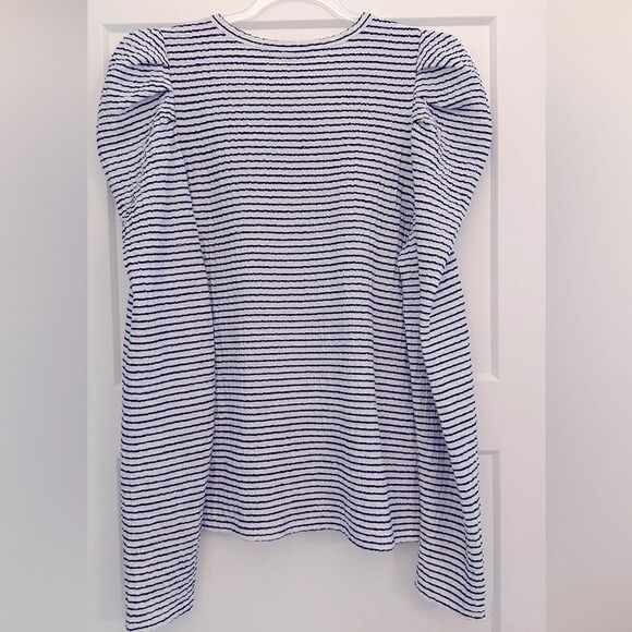 LOFT Blue White Striped Pleated Puff Sleeve Top Womens EUC - Picture 2 of 6